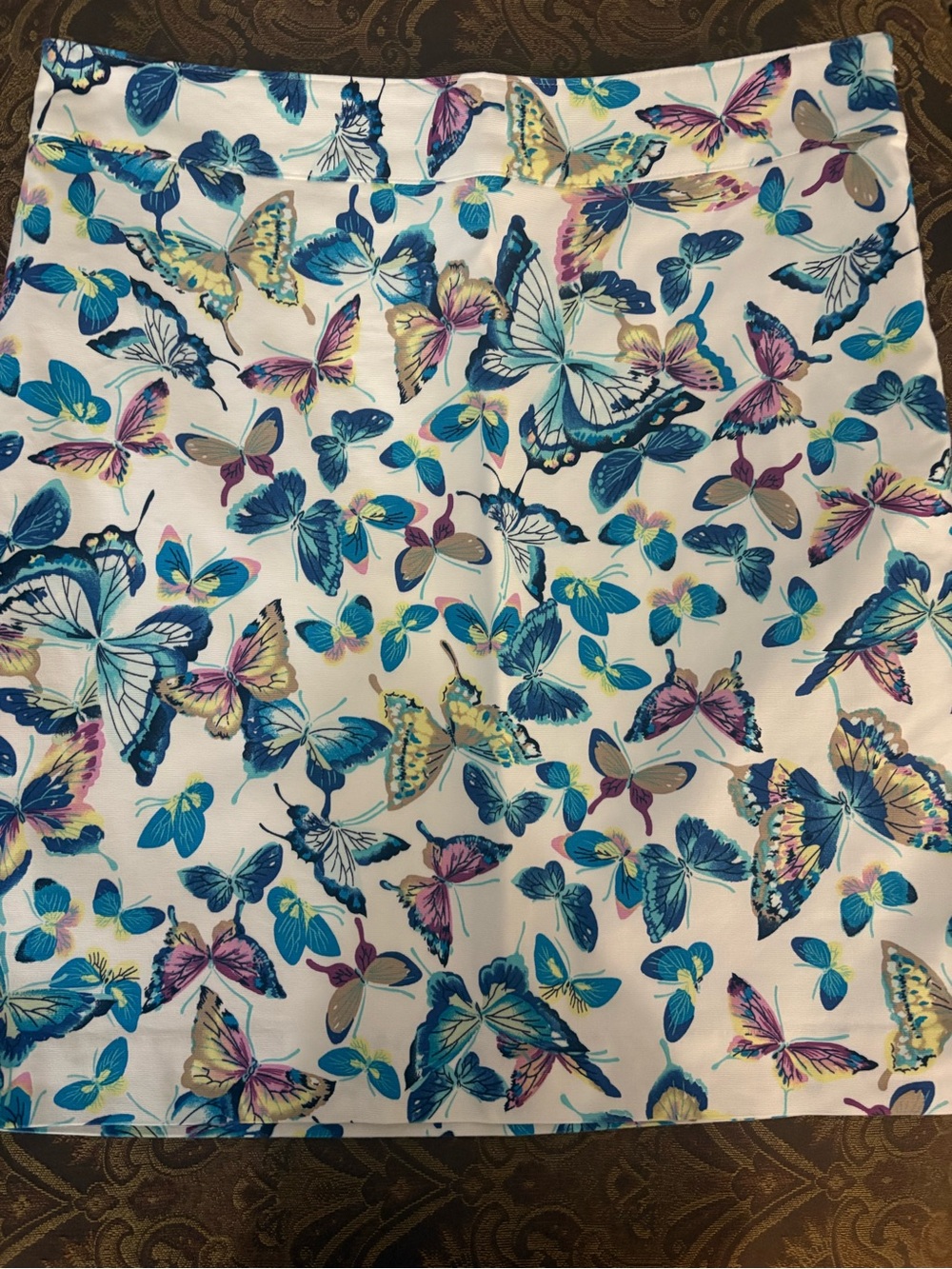 Talbots White Skirt with Blue, Teal, Yellow and Purple Butterfly Print